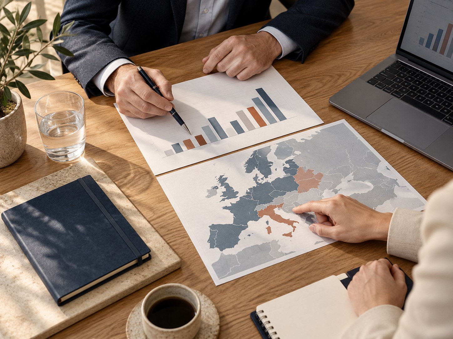 Business advisers reviewing market analysis and a map of Europe