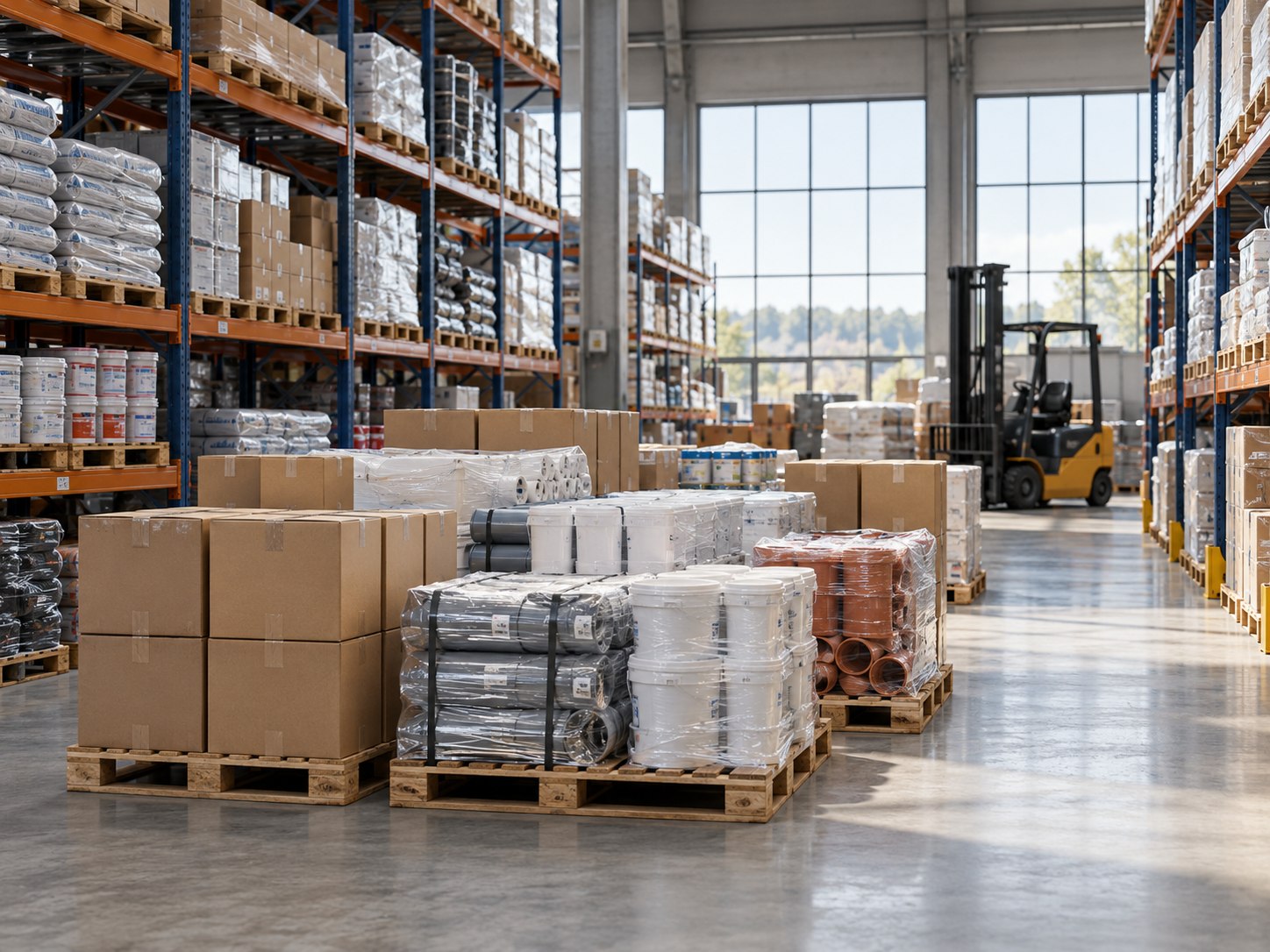 Palletised commercial goods ready for wholesale distribution